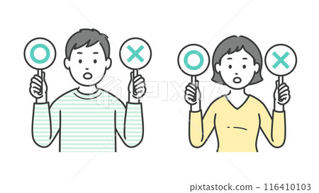 Upper body illustration of a young man and woman raising a circle and a cross 116410103