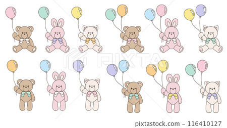 Vector illustration set of cute bear, rabbit and cat stuffed animals with ribbons Icon Balloon 116410127