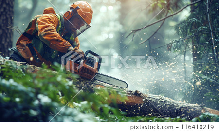 A man cutting trees with a chainsaw AI image 116410219