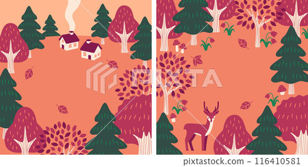 Cute house and autumn forest background set 116410581