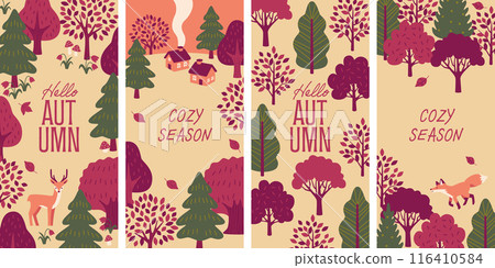 Cute houses and forest animals, autumn backgrounds set Cute houses and forest animals, autumn backgrounds set 116410584