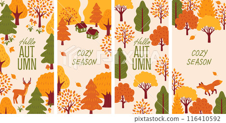 Cute houses and forest animals, autumn backgrounds set Cute houses and forest animals, autumn backgrounds set 116410592