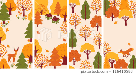 可愛的房子和森林動物，秋季背景集 116410593
