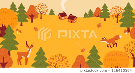 可愛的房子和森林動物,秋季背景集 可愛的房子和森林動物,秋季背景集 116410594