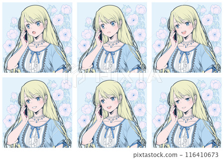 A young woman who talks on a smartphone, makes a phone call, and makes a phone call-Set of 6 facial expressions during a call (smile, surprise, self-mocking) A young woman who talks on a smartphone, makes a phone call, and makes a phone call-Set of 6 facial expressions during a call (smile, surprise, self-mocking) 116410673