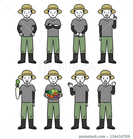具有各種姿勢和表情的農民男性插圖集 116410709