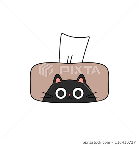 A cartoon cat is peeking out from behind a tissue box 116410727