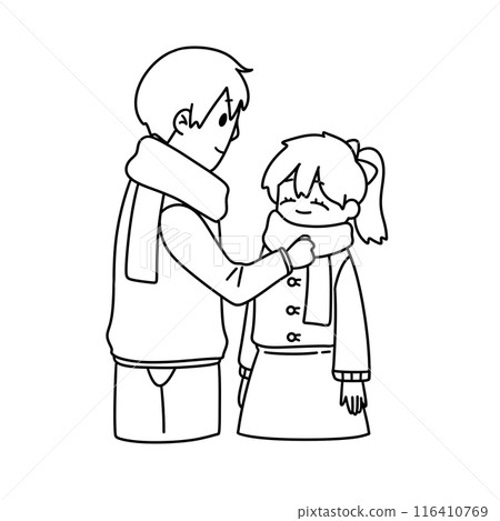 A man is helping a girl put on a scarf A man is helping a girl put on a scarf 116410769
