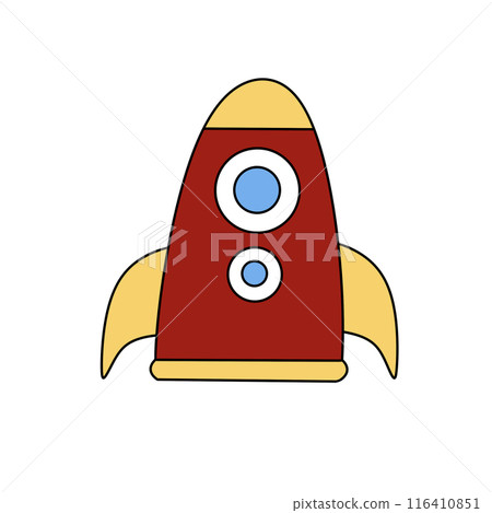 A red and yellow rocket with blue eyes and a yellow nose 116410851