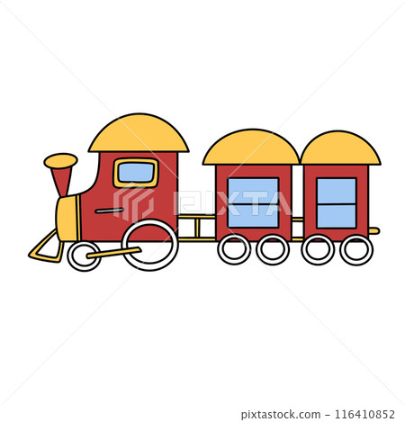 A red and yellow train with a yellow caboose 116410852
