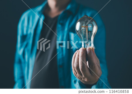 innovation technology success business. person hand holding power lightbulb and pretend to think, inspiration, creativity and imagination concept, Digital transformation. 116410858