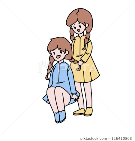 Two girls are sitting on the ground, one of them is wearing a blue dress 116410868