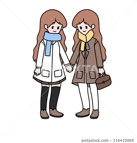 Two girls are holding hands and wearing winter clothes 116410869