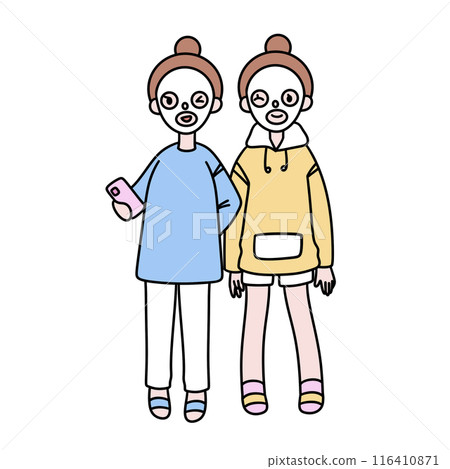 Two girls are standing next to each other, one of them holding a cell phone 116410871