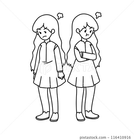 Two girls are standing next to each other, one of them is angry Two girls are standing next to each other, one of them is angry 116410916