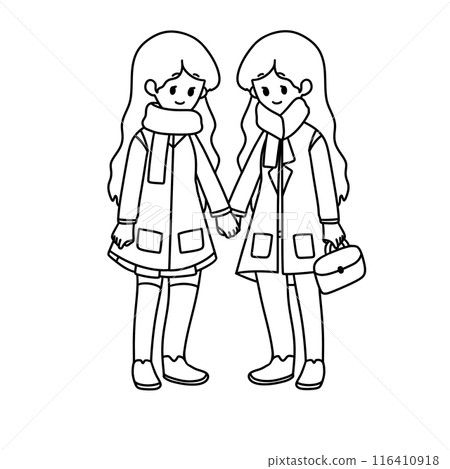 Two girls are holding hands and wearing winter coats 116410918