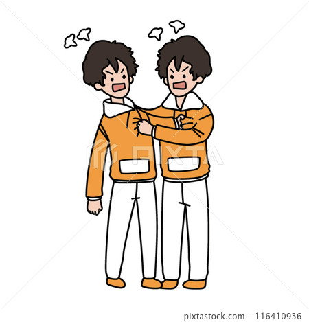 Two young men are fighting, one of them is wearing an orange shirt 116410936