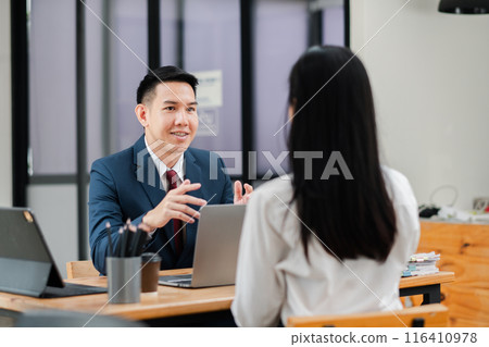 Two professionals engaged in a business meeting, discussing work at a modern office with laptops and documents on the table. 116410978