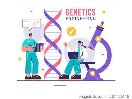 Vector Illustration of Genetic Engineering and DNA Modifications with Genetics Research or Experiment Scientists in a Flat Cartoon Style Background 116411046