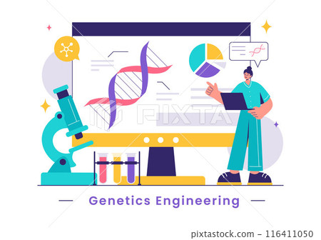 Vector Illustration of Genetic Engineering and DNA Modifications with Genetics Research or Experiment Scientists in a Flat Cartoon Style Background 116411050
