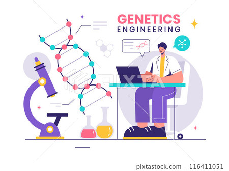 Vector Illustration of Genetic Engineering and DNA Modifications with Genetics Research or Experiment Scientists in a Flat Cartoon Style Background Vector Illustration of Genetic Engineering and DNA Modifications with Genetics Research or Experiment Scientists in a Flat Cartoon Style Background 116411051