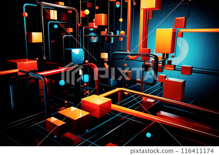 Abstract design featuring an orange cube on a black background. Geometric abstraction with a vibrant orange cube against a black backdrop 116411174