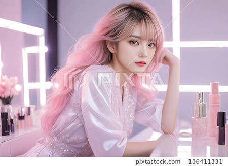 Beautiful and cute female model with colorful hair. Studio makeup room. Vanity. Beauty image AI generated 116411331