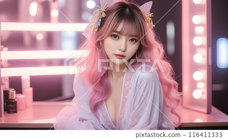 Beautiful and cute female model with colorful hair. Studio makeup room. Vanity. Beauty image AI generated 116411333