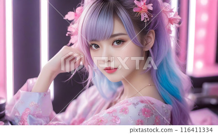 Beautiful and cute female model with colorful hair. Studio makeup room. Vanity. Beauty image AI generated 116411334