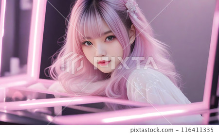Beautiful and cute female model with colorful hair. Studio makeup room. Vanity. Beauty image AI generated 116411335