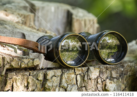 Antique binoculars on tree stump in nature setting reflecting outdoor landscape 116411418