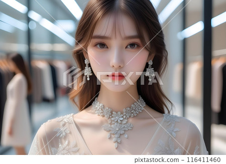AI 生成的美麗女模特，穿著時尚時尚，在服裝店內擺姿勢 116411460