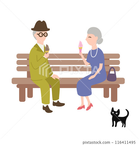Illustration of an elderly couple sitting on a bench and happily eating soft serve ice cream 116411495