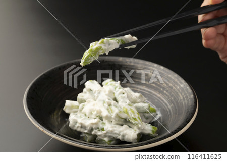 Asparagus with wasabi and cream cheese, chopsticks Asparagus with wasabi and cream cheese, chopsticks 116411625