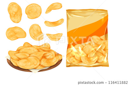 Potato chips, consommé flavor, snacks, bagged snacks Potato chips, consommé flavor, snacks, bagged snacks 116411882