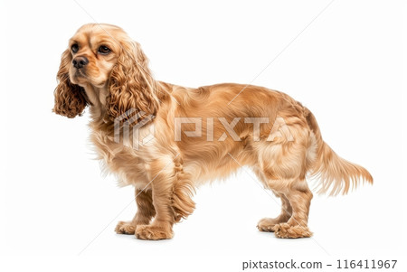 An alert American Cocker Spaniel stands with a gaze full of curiosity, its golden coat shimmering against the white background. This breed is known for its joyful and inquisitive nature. 116411967