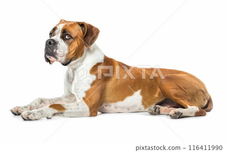 A muscular American Bulldog lies down, its gaze fixed forward with an expression of calm attentiveness. The dog's white and tan coat stands out vividly against the white background. 116411990