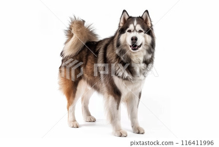 A proud Alaskan Malamute stands with a bold stance, its dense coat and alert expression reflecting the breed's resilience and dignity. This dog embodies the spirit of the great northern wilderness. 116411996