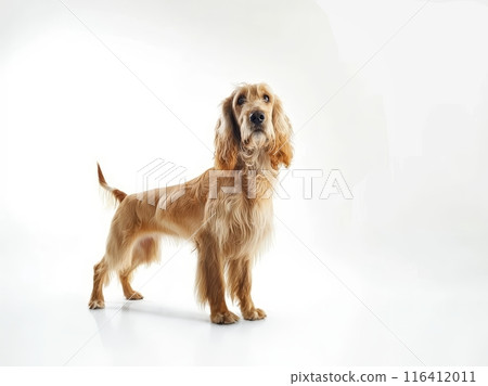 An inquisitive Afghan Hound looks on with curiosity, its luscious caramel locks framing a gentle face. The dog's spirited expression captures its playful and intelligent nature. 116412011
