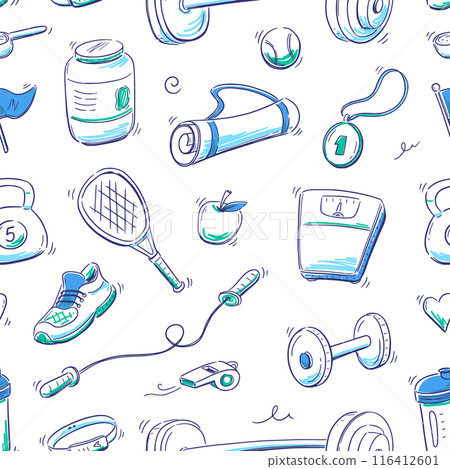 Doodle gym sketch health seamless pattern background. Hand drawn sketch doodle healthy sport, gym fit exercise equipment background. Seamless pattern tennis ball, bottle, dumbbell. Vector 116412601