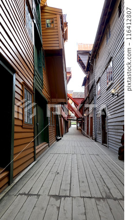 BERGEN, NORWAY Exterior of Norway fishermen's houses next to the fjord in Bergen 116412807