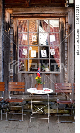 BERGEN, NORWAY Exterior of Norway fishermen's houses next to the fjord in Bergen 116412812