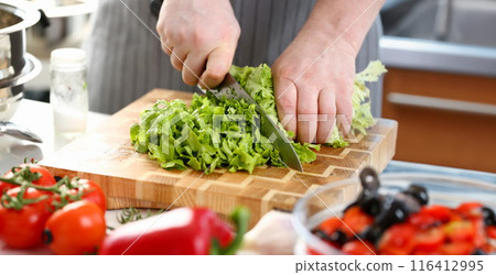 Chef Hands Cutting Green Fresh Lettuce Ingredient Chef Hands Cutting Green Fresh Lettuce Ingredient 116412995