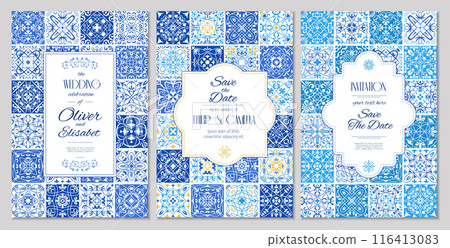 Invitation template. Stylized decorative backgrounds with portuguese tiles azulejos recent vector invitation with place for text 116413083
