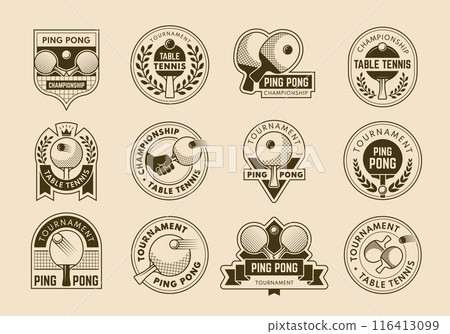 Table tennis badges. Stylized emblems with ball and rockets for playing sport game ping pong recent vector identity set Table tennis badges. Stylized emblems with ball and rockets for playing sport game ping pong recent vector identity set 116413099