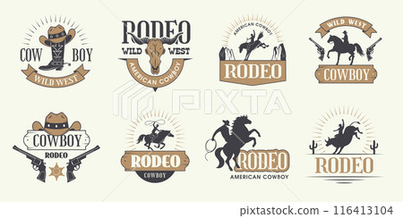 Cowboy badges. Rodeo games active character riding on bull recent vector templates 116413104