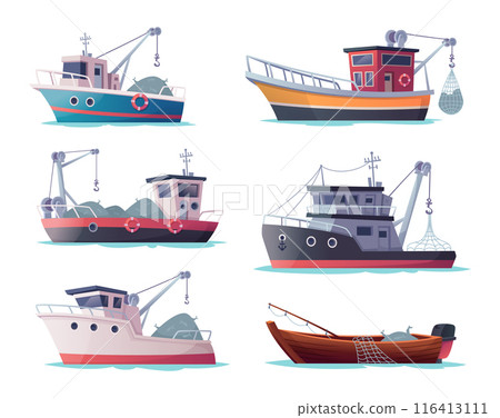 Fishing boats. Industrial seafood production marine fisher boats in cartoon style exact vector template Fishing boats. Industrial seafood production marine fisher boats in cartoon style exact vector template 116413111