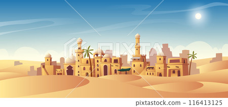 Islamic city. Urban landscape with traditional islamic buildings exact vector cartoon background with architectural objects columns arches and towers 116413125