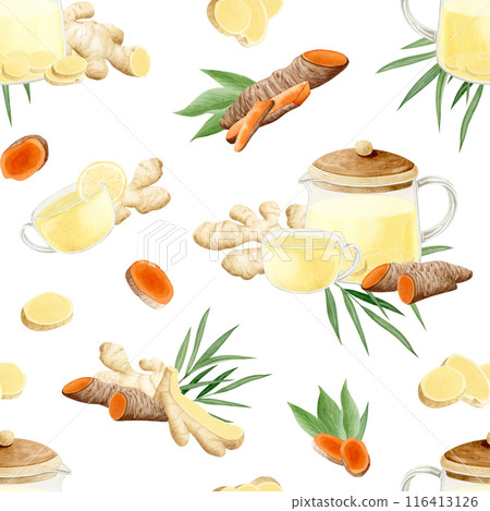 Ginger turmeric tea in glass teapot and cup watercolor seamless pattern on white background. Hand drawn organic antioxidant hot beverage with herbal ingredients 116413126