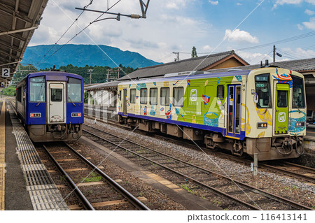 A Kiha 120 series ordinary car parked at Tsuge Station on the Kansai Line, wrapped A Kiha 120 series ordinary car parked at Tsuge Station on the Kansai Line, wrapped 116413141